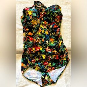 Black Colorful Floral Butterfly Halter Top Swim Suit